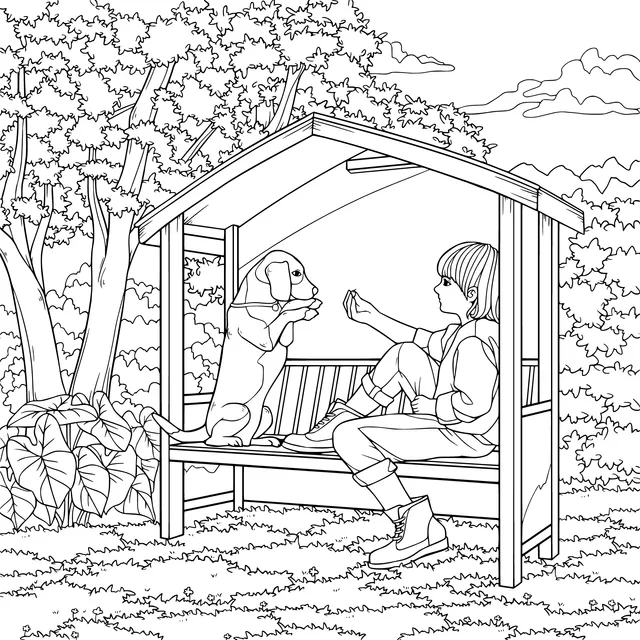 Girl interacting with a dog in a gazebo
