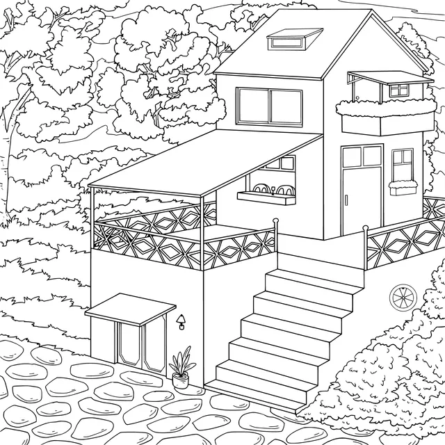 Two - storey house surrounded by green trees