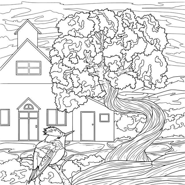 House beside the Tree and Perching Bird