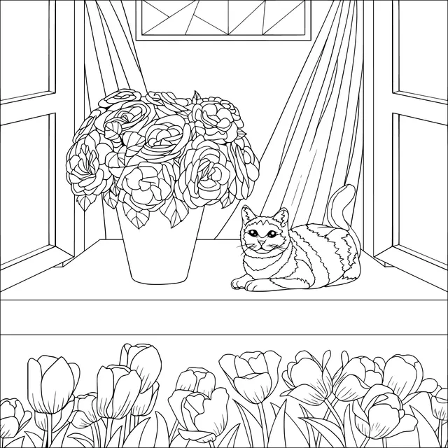 Cat and Flowers by the Window