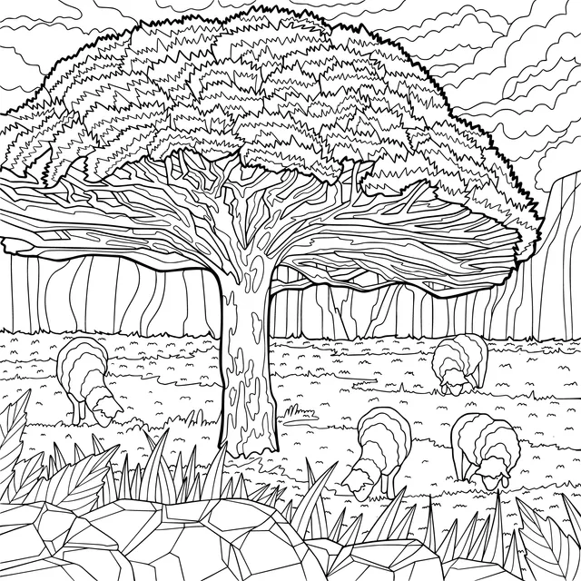 Sheep grazing under the tree