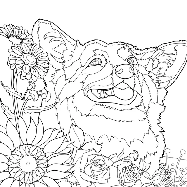 Happy Corgi in the Flower Bed