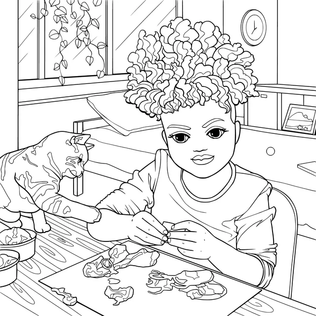 Little girl playing with clay with a cat