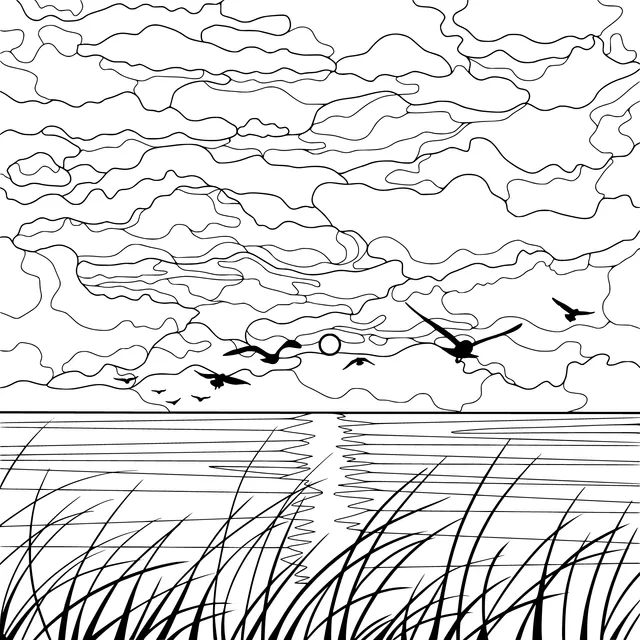Seabirds and Reeds under the Sunset