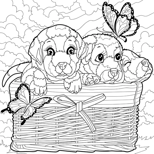 Puppies and Butterflies in a Basket