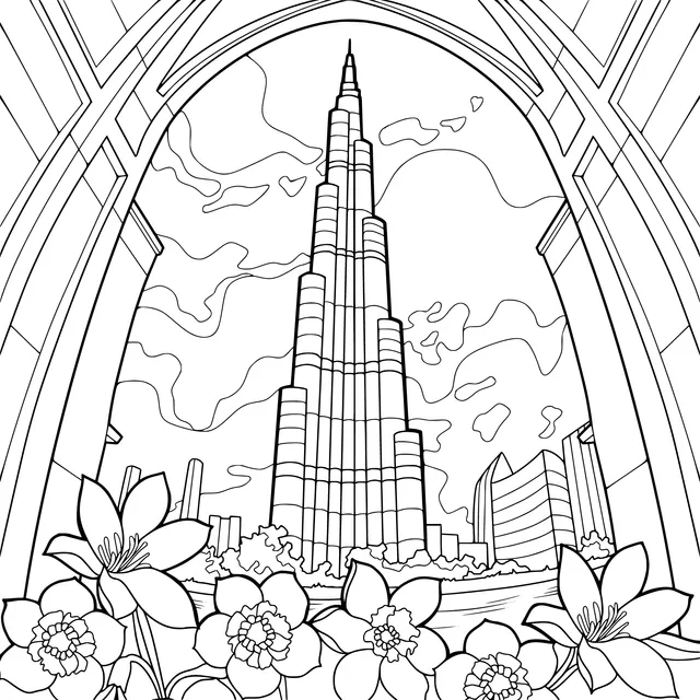 Colorful skyscraper and blooming flowers viewed through an arch