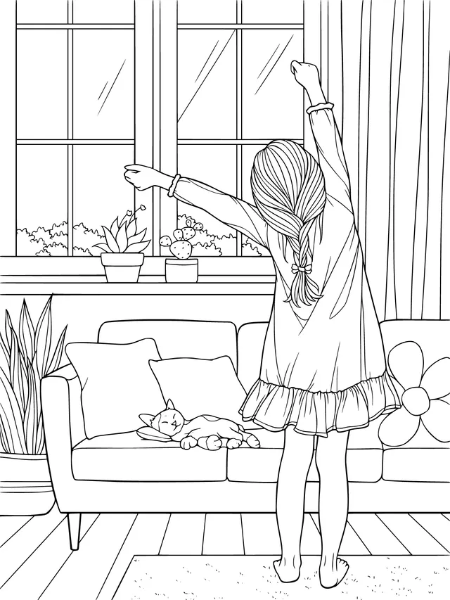A Girl Stretching by the Window