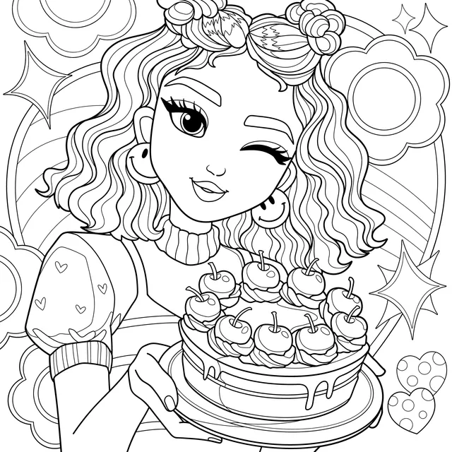 A Playful Girl Holding a Cherry - topped Cake