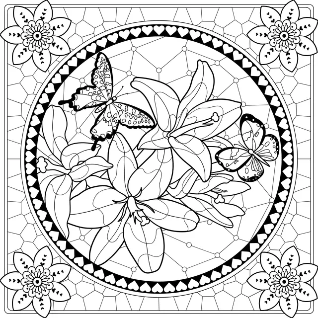 Stained - glass painting of lilies and butterflies