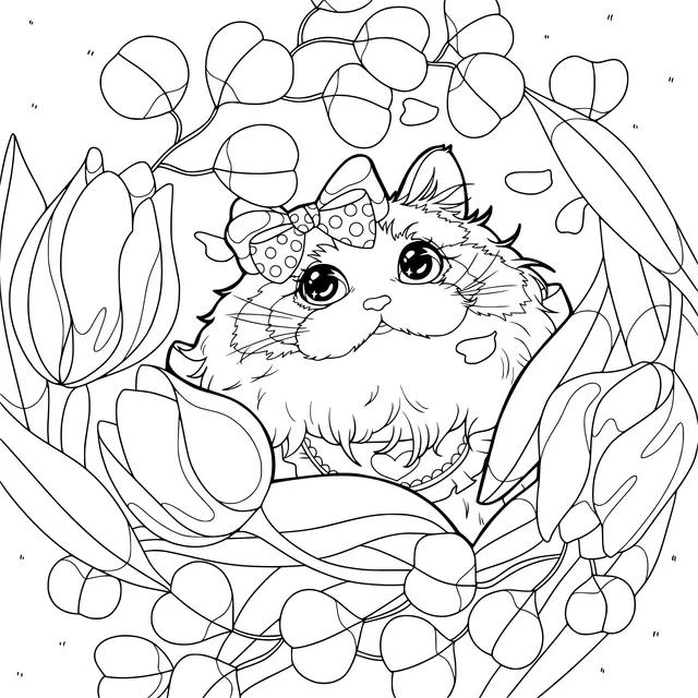 Cute Cat Surrounded by Flowers