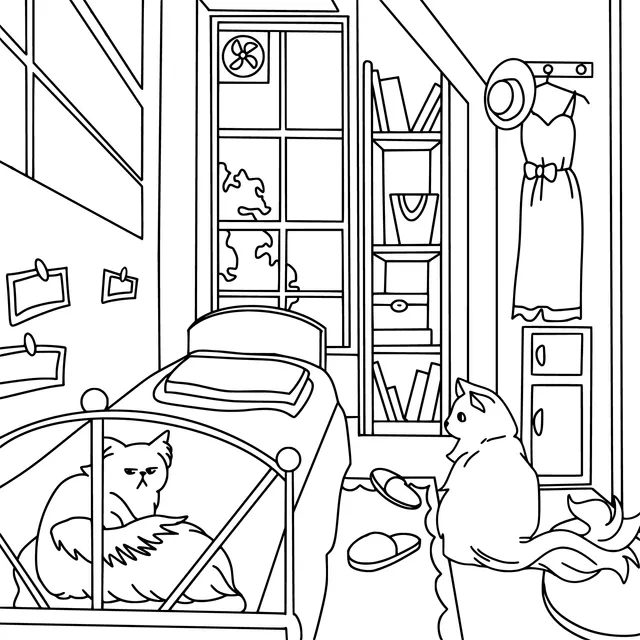 Two Cats in the Bedroom at Night