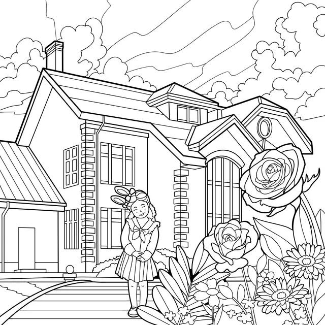 Girl Standing in Front of Flowers and House