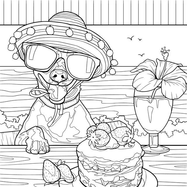 A dog wearing a sombrero enjoying food