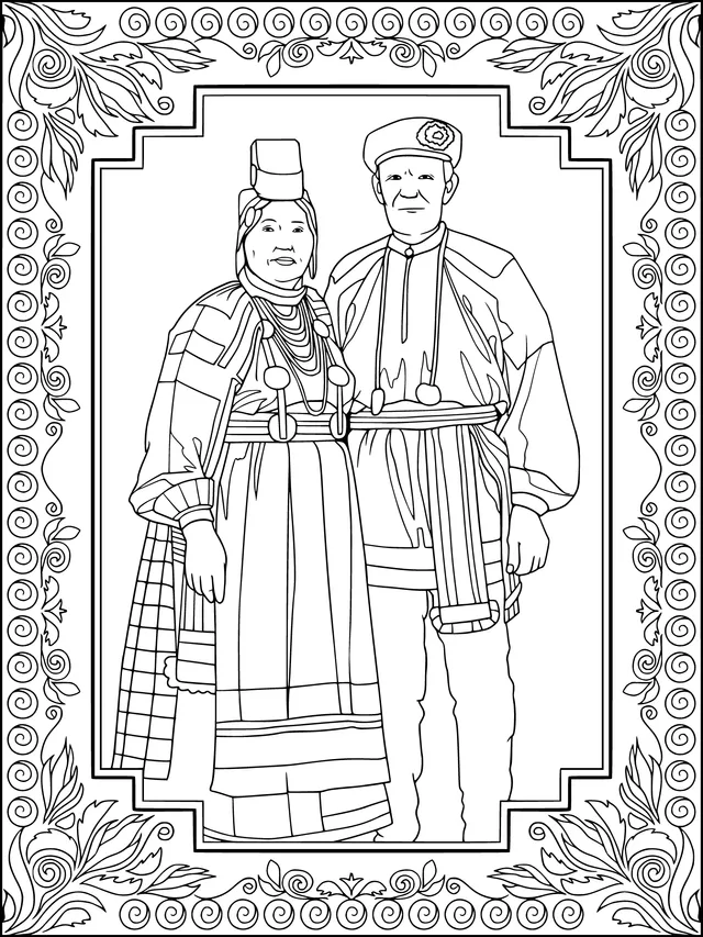 A man and a woman in traditional costumes