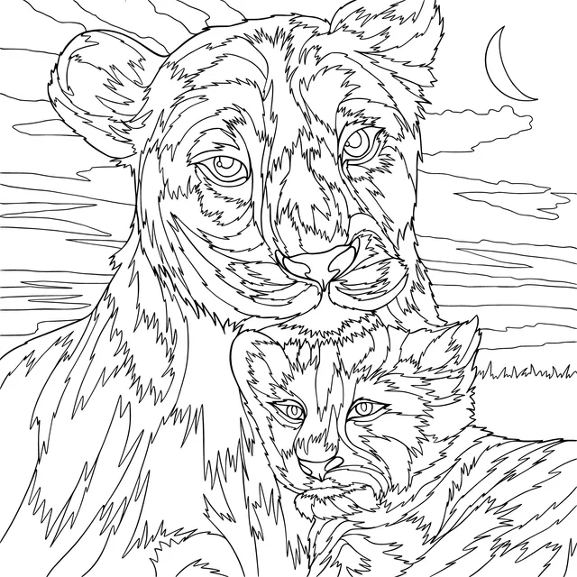 A Lioness and Her Cub under the Moonlit Night