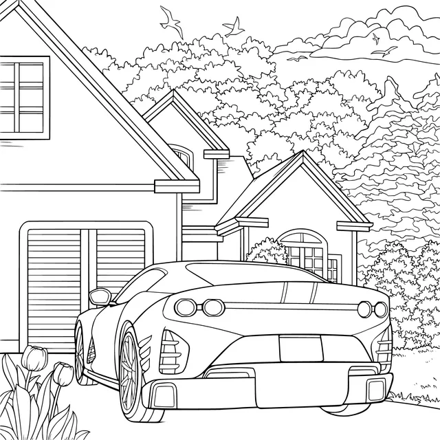 Red sports car in front of the garage