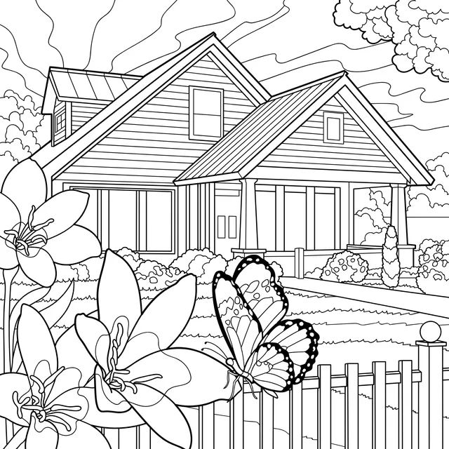 A Cozy Cottage Surrounded by Flowers and a Butterfly