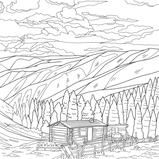 Scenery of a Log - cabin in the Mountains