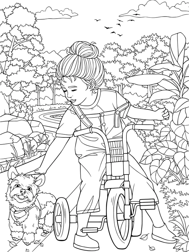 Girl riding a bike and petting a dog in the park