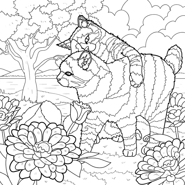 Interaction between two cats by the flower - bed