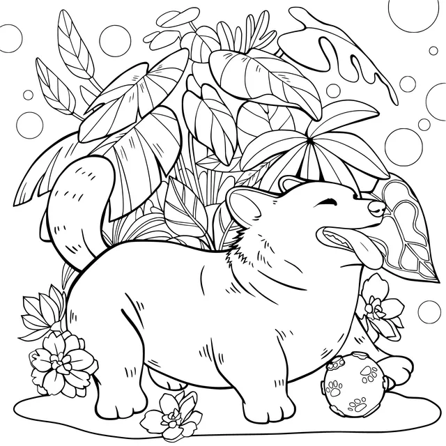 Happy Corgi in the Flower Bed