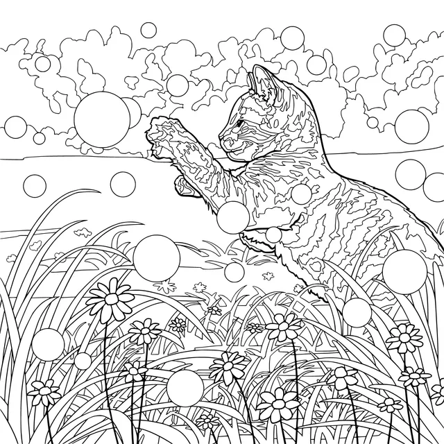 Kitten chasing bubbles on the grass