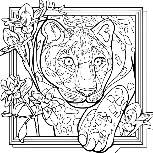 Leopard and Flowers in a Frame