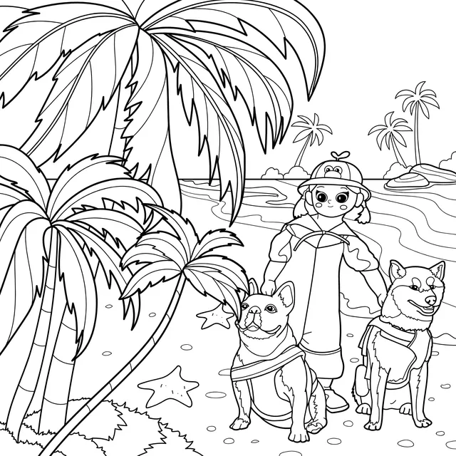 Girl and Dogs on the Beach