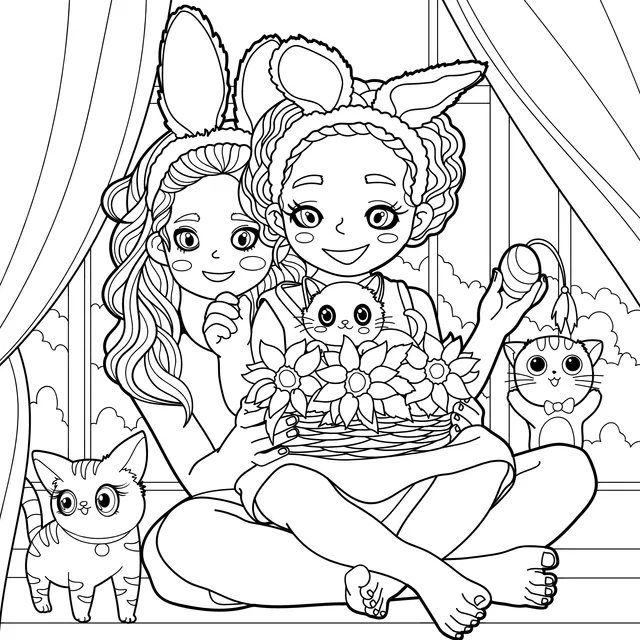 Girls with Bunny Ears Enjoying Time with Cats