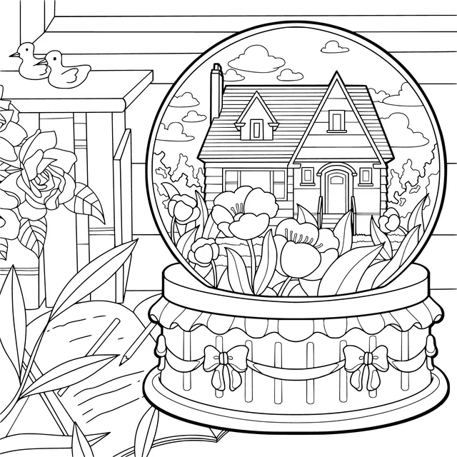 Snow globe with a house scene inside a room