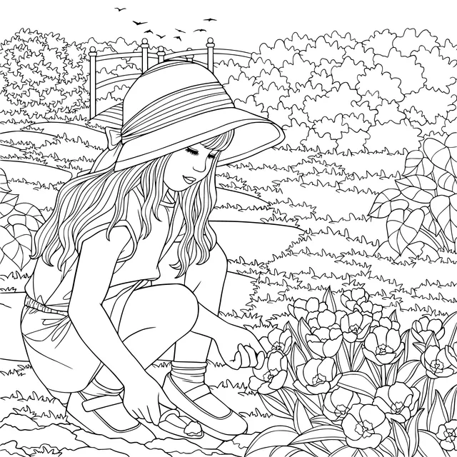 Girl planting flowers in the garden