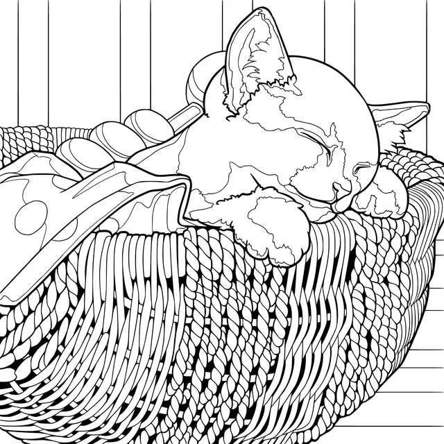 A sleeping kitten in a basket