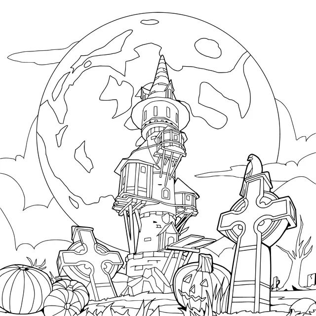 Magic Tower and Pumpkins under the Moonlit Night