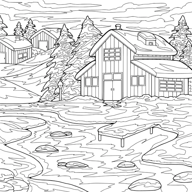 Log Cabins and Stream on a Winter Night
