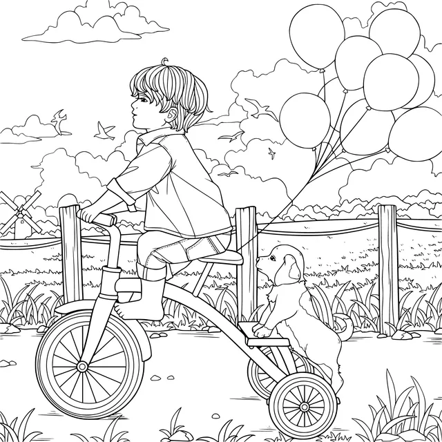 Boy riding a bike with a dog
