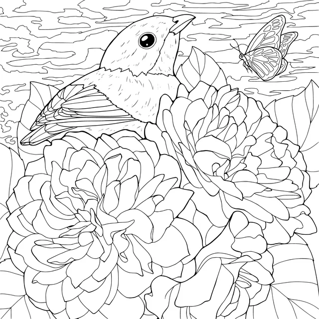 A Bird and a Butterfly among Flowers