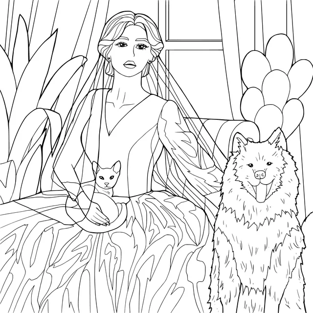 A Lady in a Blue Dress with Her Pets