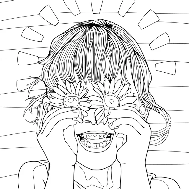 Happy girl covering her eyes with daisies