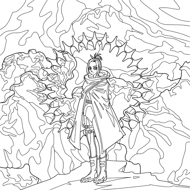 Character in a cloak standing in a fantastical landscape