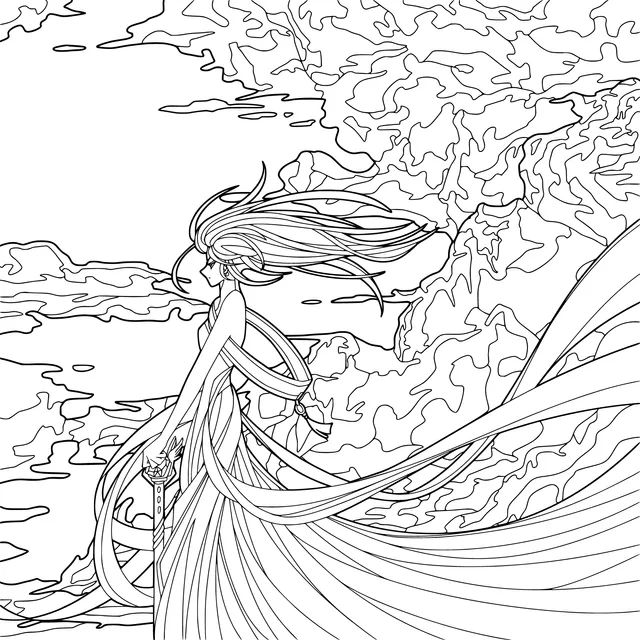 Woman in a long - dress standing against the wind