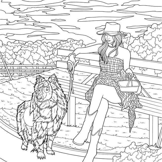 Woman resting beside a bench with a collie