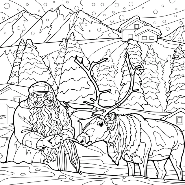Santa Claus and Reindeer in a Snowy Village