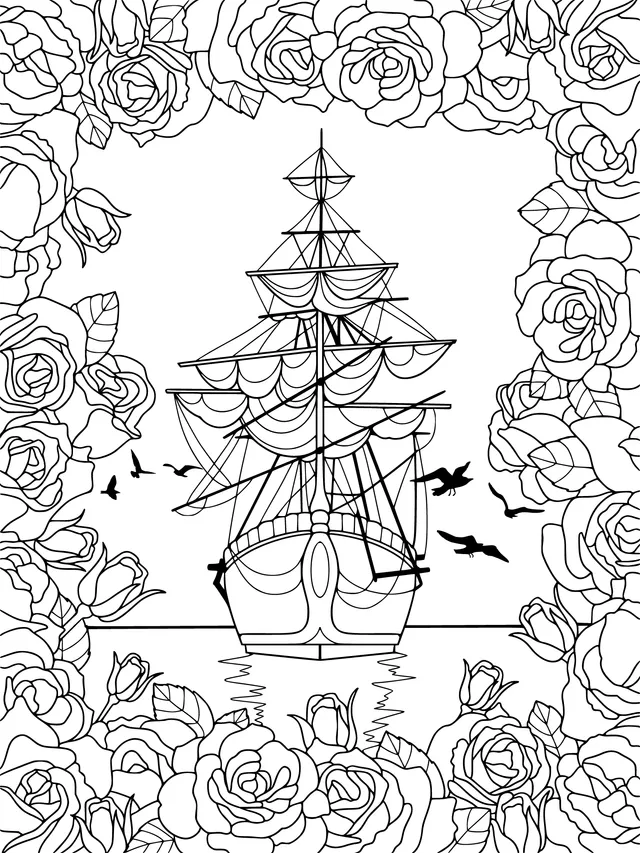 Sailing Ship Surrounded by Roses