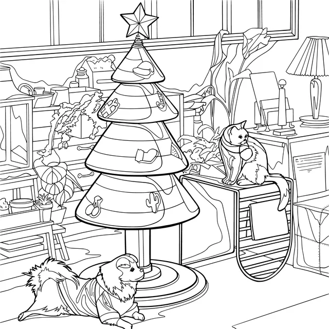 Pets and Christmas tree indoors