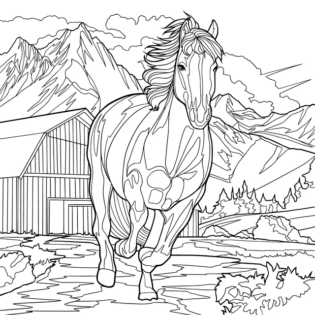 A galloping horse beside a mountain - side farmhouse