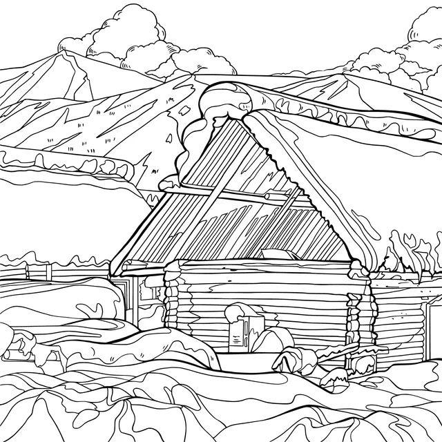 Snow - covered Log Cabin and Distant Mountains