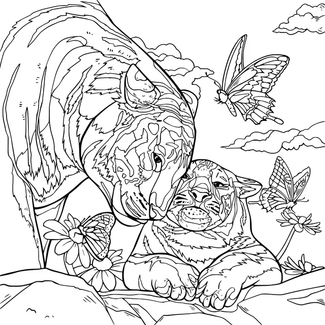 Warm - hearted Tigers with Butterflies and Flowers