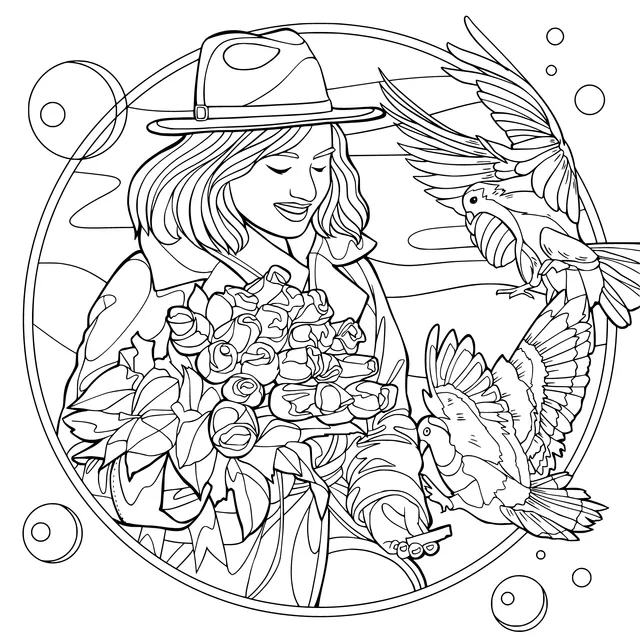 Woman interacting with pigeons while holding roses