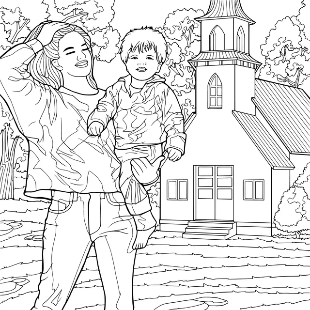 Mother and son in front of a church in autumn