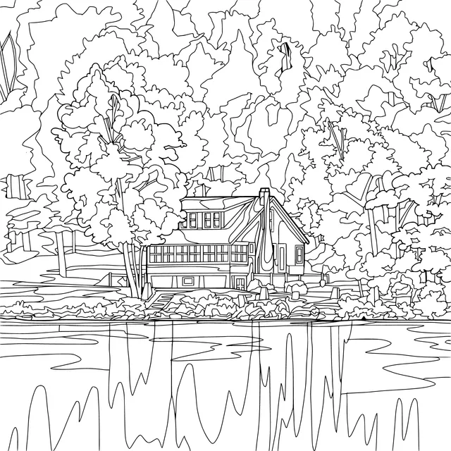 Cottage in the Autumn Lakeside Scenery
